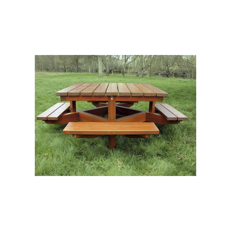 Table avec 4 bancs attenants en bois résineux naturel de traitement